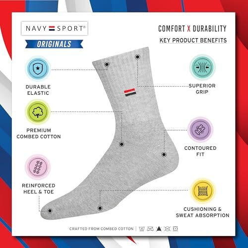 Navysport Men's Crew Length Cushion Cotton Socks (Pack Of 3) (Grey) Free Size