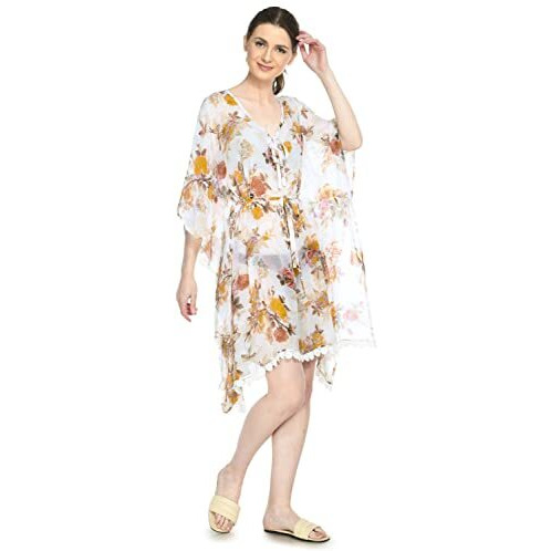 Mirchi Fashion Women's Faux Georgette Floral Printed Summer Beachwear Kaftan Coverup (Sk705A - White, Mustard)
