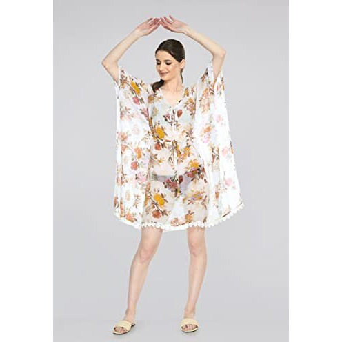 Mirchi Fashion Women's Faux Georgette Floral Printed Summer Beachwear Kaftan Coverup (Sk705A - White, Mustard)