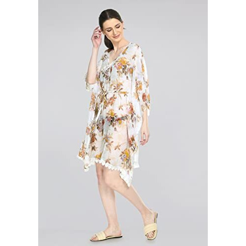 Mirchi Fashion Women's Faux Georgette Floral Printed Summer Beachwear Kaftan Coverup (Sk705A - White, Mustard)
