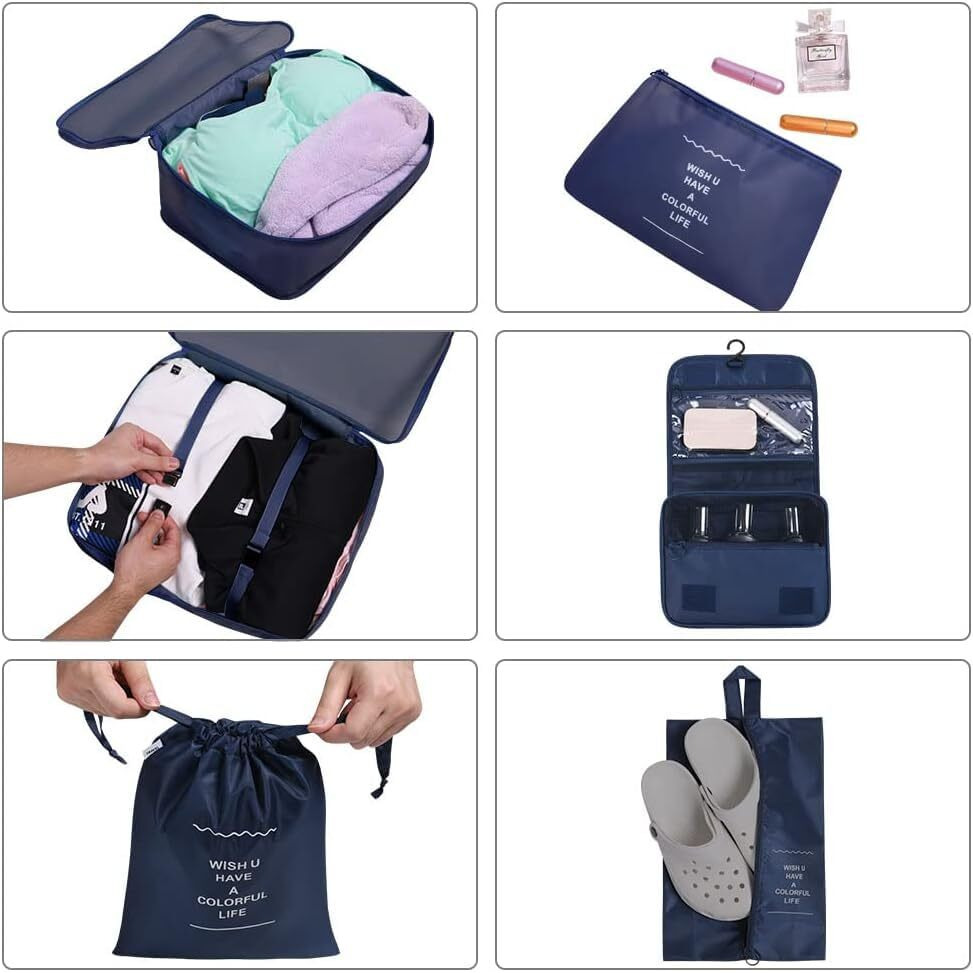 House Of Quirk Polyester 9Pcs Set Travel Organizer Packing Cubes Lightweight Travel Luggage Organizers With Laundry Bag (Dark Blue), 30 Centimeters, 12 Centimeters