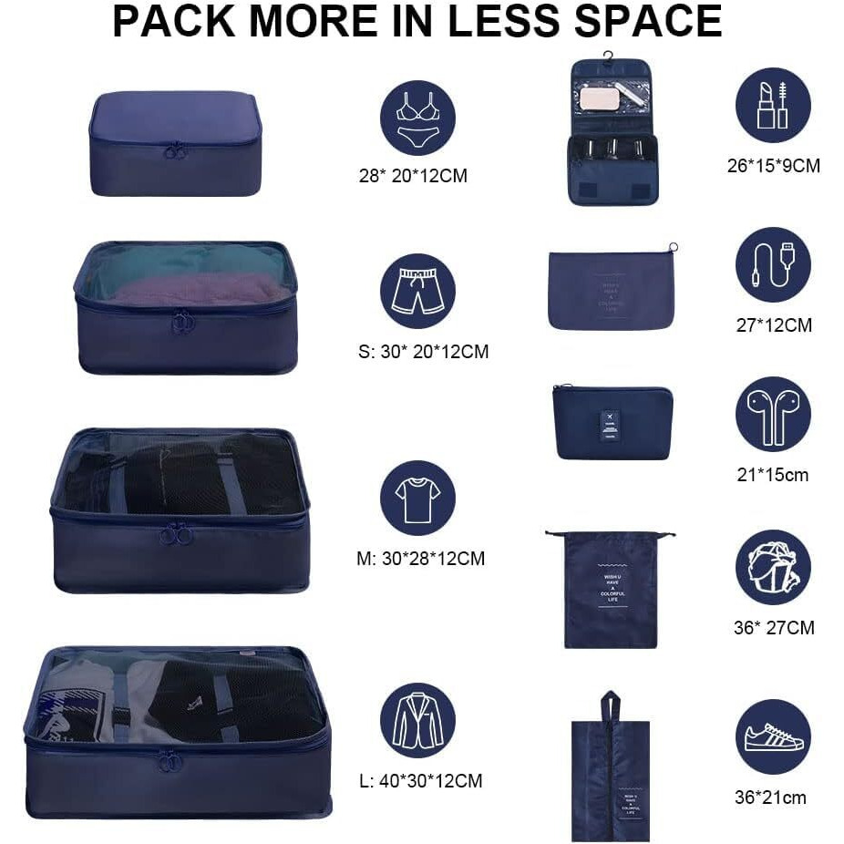 House Of Quirk Polyester 9Pcs Set Travel Organizer Packing Cubes Lightweight Travel Luggage Organizers With Laundry Bag (Dark Blue), 30 Centimeters, 12 Centimeters