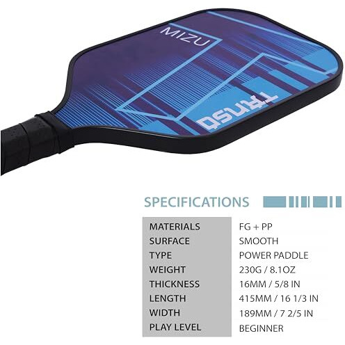 Tanso Mizu Fiberglass Pickleball Paddle With Free Paddle Cover (230 Grams, Polypropylene Honeycomb Core) - Prussian Blue