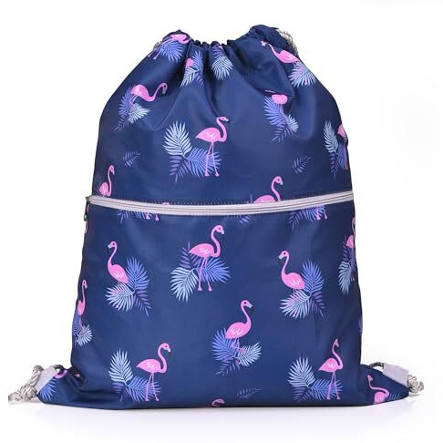 Lify Drawstring Backpack Water Resistant String Bag Sports Sackpack Gym Sack With Side Pocket For Men Women - 1Piece (Navy Blue- Flamingo)