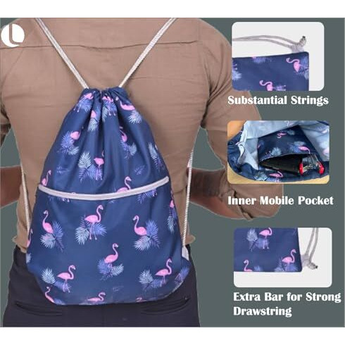 Lify Drawstring Backpack Water Resistant String Bag Sports Sackpack Gym Sack With Side Pocket For Men Women - 1Piece (Navy Blue- Flamingo)