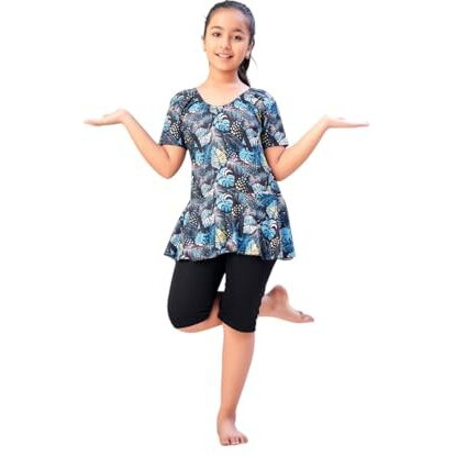 Aarika Girls Sports Wear Firozi-Black Colour Leaf Print Nylon Swim Suit (5-15 Years)-(Sw-Shm-Ca-1121)