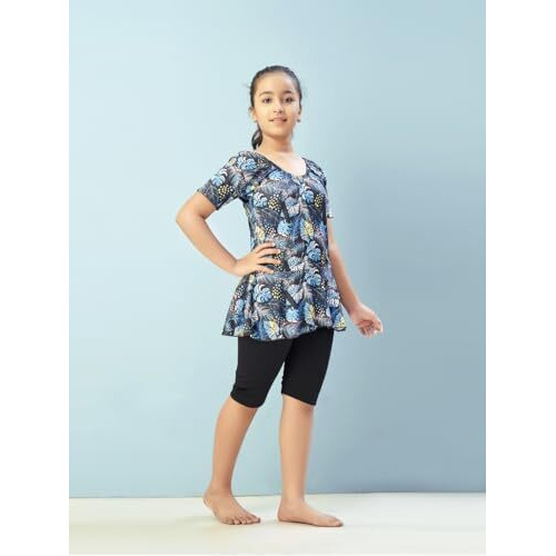 Aarika Girls Sports Wear Firozi-Black Colour Leaf Print Nylon Swim Suit (5-15 Years)-(Sw-Shm-Ca-1121)