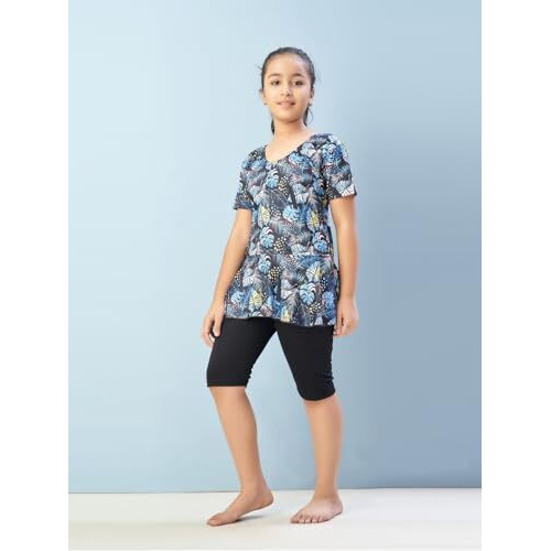 Aarika Girls Sports Wear Firozi-Black Colour Leaf Print Nylon Swim Suit (5-15 Years)-(Sw-Shm-Ca-1121)