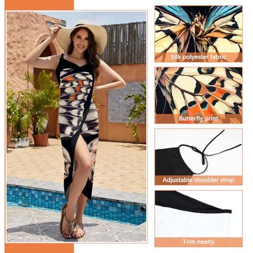 Sannidhi Beach Wear Dress For Women Butterfly Print Beach Dress Bikini Set For Women Beach Wear Lightweight Adjustable Straps Backless Wrap Long Dress Swimsuit Cover Up Beach Outfits For Women