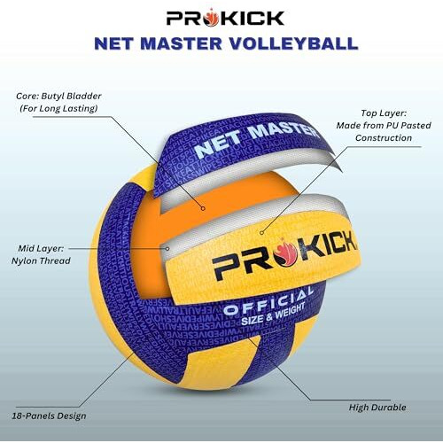 Prokick Net Master Pu Pasted Volleyball Suitable For Both Indoor And Outdoor Surfaces | Super Quality Volleyball With Performance | Adults Indoor/Outdoor Official Size And Weight Volley Ball, Size 4
