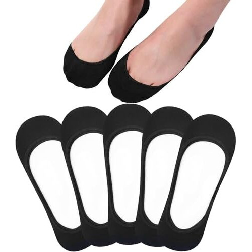 Toes Home Silicone Ultra Low Cut Liner Socks Women No Show Non Slip Hidden Invisible For Flats Boat Summer 5 Pairs,Black