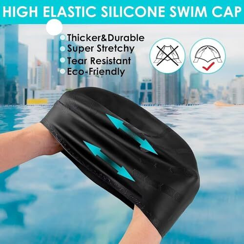 Swimming Cap For Men Silicone Swimming Caps For Women Unisex Swim Cap For Boys, Girls And Kids Swimming Cap For Women Long Hair Swimming Head Cap Men Silicone Fabric, Easy Fit (Black)