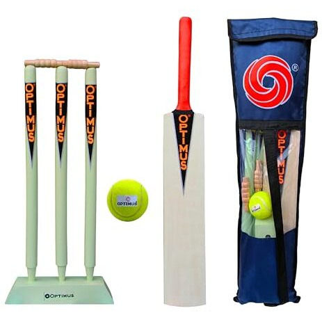 Optimus Cricket Wooden Kit Combo Set For Kids In Heavy Tetron Cover - Size 5 For 11-12 Year Kids (1 Bat, 1 Tennis Rubber Ball, 3 Wickets, 1 Wicket Base, 2 Bails & 1 Kit Cover) 11D