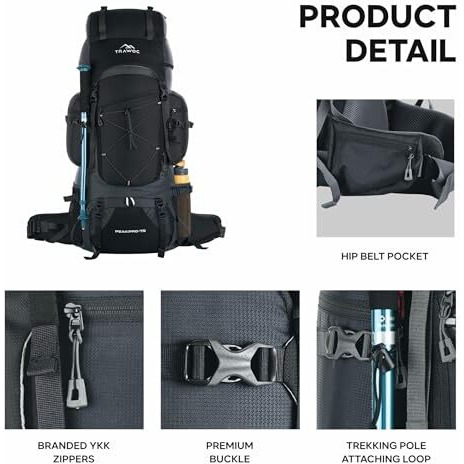 Trawoc Peakpro 75 Liter Travel Backpack For Hiking Trekking Bag Camping Rucksack With Laptop Compartment/Rain Cover/Shoe Compartment Bhk002, 3 Year Warranty, Black
