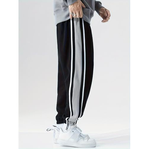 Shasmi Light Black Side Striped Pants Men Oversized Baggy Wide Leg Trousers Elastic Waist Streetwear Joggers Men Track Pant For Men Ll Track Pants Ll Plain Track Pant (Trouser 155 Light Black-L)