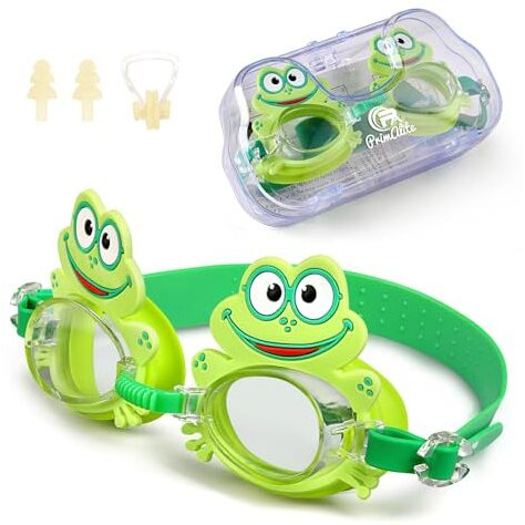 Primalite Happy Frog Swimming Goggles For Kids- Aged 3-12 Years Old- Free Nose Clip, Ear Plug Set & Protection Case For Girls Boys-100% Anti-Fog | Uv Protection | No Leak Adjustable Strap Comfort Fit