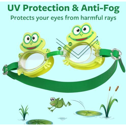 Primalite Happy Frog Swimming Goggles For Kids- Aged 3-12 Years Old- Free Nose Clip, Ear Plug Set & Protection Case For Girls Boys-100% Anti-Fog | Uv Protection | No Leak Adjustable Strap Comfort Fit