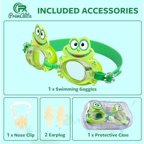 Primalite Happy Frog Swimming Goggles For Kids- Aged 3-12 Years Old- Free Nose Clip, Ear Plug Set & Protection Case For Girls Boys-100% Anti-Fog | Uv Protection | No Leak Adjustable Strap Comfort Fit