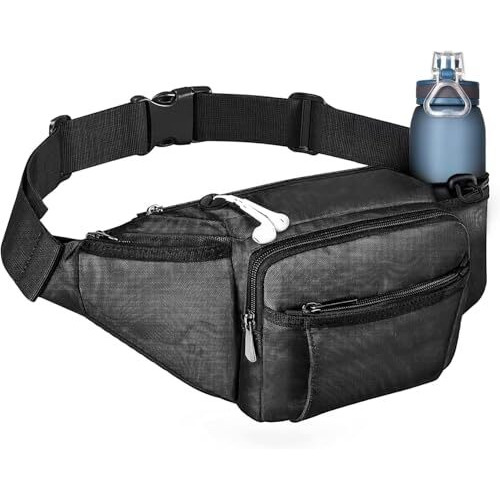 Waist Bag Fanny Pack For Women Men | Large Cross Body Sling Bag For Hiking, Travel, Running, Outdoor Sports, Cycling | Walking Waist Bag With Water Bottle Holder (Polyester Fanny Pack, Black)