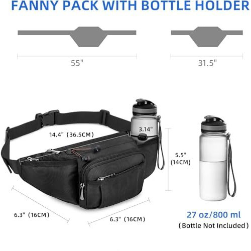 Waist Bag Fanny Pack For Women Men | Large Cross Body Sling Bag For Hiking, Travel, Running, Outdoor Sports, Cycling | Walking Waist Bag With Water Bottle Holder (Polyester Fanny Pack, Black)