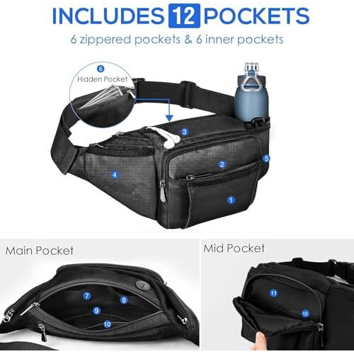 Waist Bag Fanny Pack For Women Men | Large Cross Body Sling Bag For Hiking, Travel, Running, Outdoor Sports, Cycling | Walking Waist Bag With Water Bottle Holder (Polyester Fanny Pack, Black)