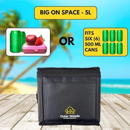 Outer Woods Insulated 6 Can Cooler Bag | Fits 6 X 500Ml Beer Cans | Keep Cans Cool For Up To 10 Hrs | With 2 Units Of Ice Gel Packs (Black)