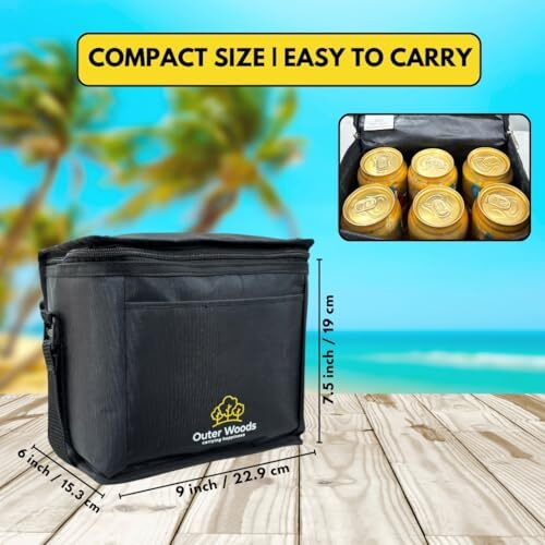 Outer Woods Insulated 6 Can Cooler Bag | Fits 6 X 500Ml Beer Cans | Keep Cans Cool For Up To 10 Hrs | With 2 Units Of Ice Gel Packs (Black)