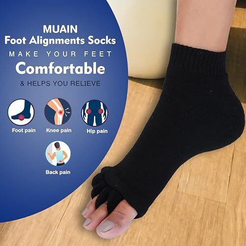 Muain Toe Separator Socks For Men & Women  Bunion Relief, Hammer Toe Corrector, Foot Alignment, Moisturizing Toe Socks  Soft, Stretchable, Reusable, Breathable  1 Pair (Black)