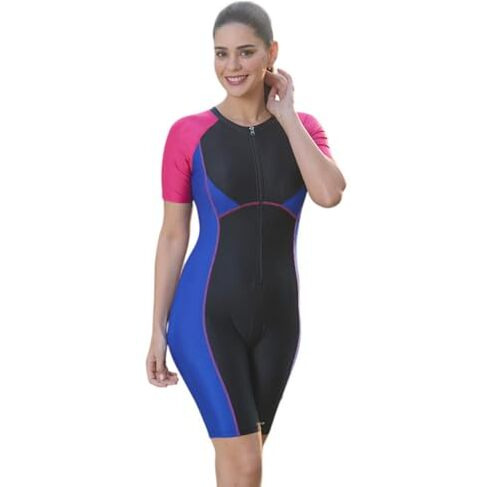 Rovars Women's Polyester Swimwear Knee Suit (Black And Red, Xl)
