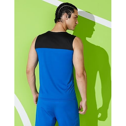 Amazon Brand - Symbol Men's Polyester Symactive Color Block Regular Fit Sleeveless Sports T-Shirt (Aw17-Sysp-05C_Black_Medium)