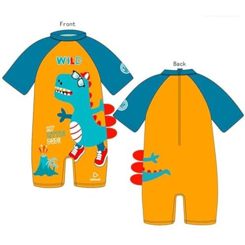 Kreshu One-Piece Baby Kids Swimwear Suit Set Zipper Bathing Half Sleeves Swimming Costume Wild Dinosaur Beach Wear Outdoor Water Sports Skating For Toddler Baby Girls Boys (Orange, 2-Years)