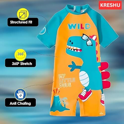 Kreshu One-Piece Baby Kids Swimwear Suit Set Zipper Bathing Half Sleeves Swimming Costume Wild Dinosaur Beach Wear Outdoor Water Sports Skating For Toddler Baby Girls Boys (Orange, 2-Years)
