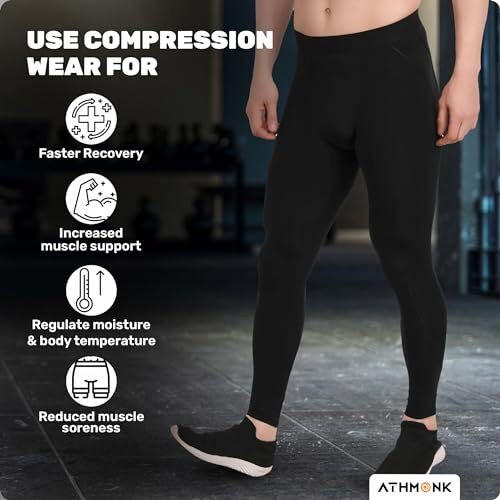 Athmonk Compression Nylon Lycra Lower High Rise Leggings Tights Yoga Pants For Men Boys-Workout Gym Exercise Running Cycling Training-Full Leg Sleeves-Cold Weather Sports Inner-Skinny Fit-Black,Large