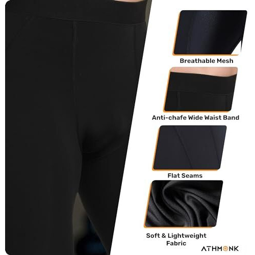 Athmonk Compression Nylon Lycra Lower High Rise Leggings Tights Yoga Pants For Men Boys-Workout Gym Exercise Running Cycling Training-Full Leg Sleeves-Cold Weather Sports Inner-Skinny Fit-Black,Large