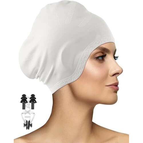 Latest Designed Long Hair Swim Cap,Waterproof Silicone Swimming Cap For Adult Woman And Men,Keeps Hair Clean With Ear Protector Fresh Long Lasting Silicone Made Waterproof Swimming Cap (Gray)