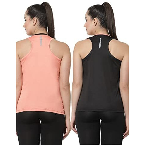 Uzarus Women's Dry Fit Workout Tank Top Sports Gym Regular Fit T-Shirt (Pack Of 2, L, Black, Peach)