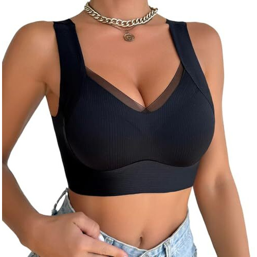 Luella Women's Full Support Wireless Sports Bra, Padded, Lace Silk, Elegant Comfort (L, Black)