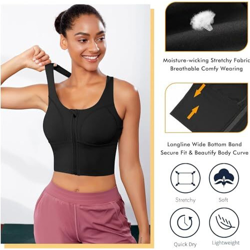 Glamoras Women Polyester Spandex High Impact Front Zip Sports Bra Longline Fitness Criss Cross Back Crop Tops Tank Gym Yoga Workout, Size M-4Xl Black