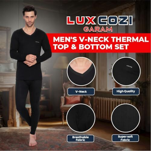 Lux Cozi Men's V-Neck Full Sleeve Garam Thermal Top (Black_85Cm)