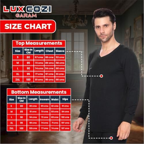 Lux Cozi Men's V-Neck Full Sleeve Garam Thermal Top (Black_85Cm)