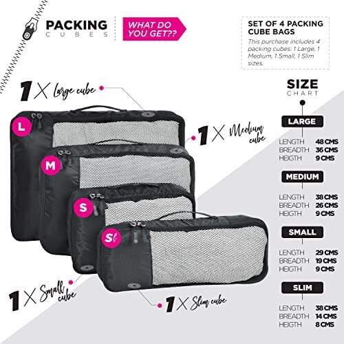 Fatmug Polyester Fabric Packing Cubes/Travel Pouch Bag Organiser - Set Of 4 (Large, Medium, Small And Slim) (Black)