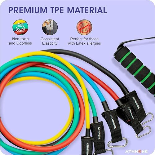 Athmonk Resistance Tube Band Set Of 11 Pcs - Home Gym Exercise Bands For Workout - Resistance Bands For Men Women - With Toning Tubes, Door Anchor, Foam Handles, Ankle Straps, Workout Guide - 150 Lbs