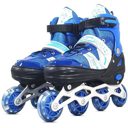 Babafab Adjustable Inline Skates Skating Shoes For Boys Kids Girls Adjustable Roller Blades Large Size Age 9-15 Years Pu Strong 4 Wheels Aluminium With Led Flashing Lights (Blue With Safety)