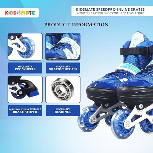Babafab Adjustable Inline Skates Skating Shoes For Boys Kids Girls Adjustable Roller Blades Large Size Age 9-15 Years Pu Strong 4 Wheels Aluminium With Led Flashing Lights (Blue With Safety)