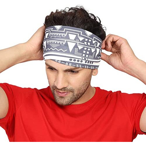 Coreteq Multicolor Sports Sweatband Headband Concealed Seam Micro-Spandex Men And Women (Geometric Grey) Free Size
