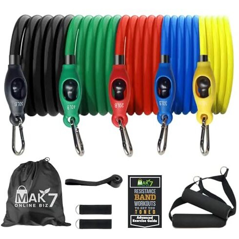 Heavyduty Latex Resistance Bands Set With Handles | 11 Piece Set Band | 5 Colour-Coded Resistance Band For Workout | With D- Anchor, Ankle Straps, Bag | Strength Training Fitness Band|100% Latex|