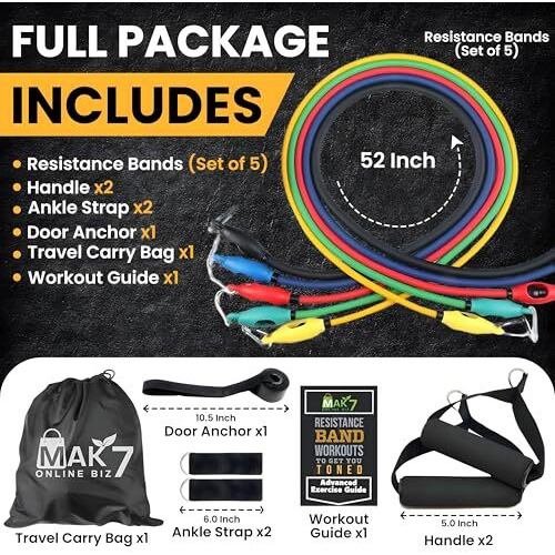 Heavyduty Latex Resistance Bands Set With Handles | 11 Piece Set Band | 5 Colour-Coded Resistance Band For Workout | With D- Anchor, Ankle Straps, Bag | Strength Training Fitness Band|100% Latex|