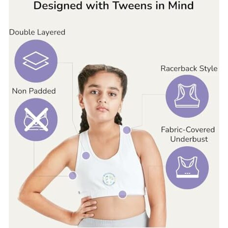 Yougotplanb Girl's Cotton Blend Non-Padded Non-Wired Peace Out Sports Bra - (Sbnp-Peaceout_White_10-12 Years) Combo Pack Of 1