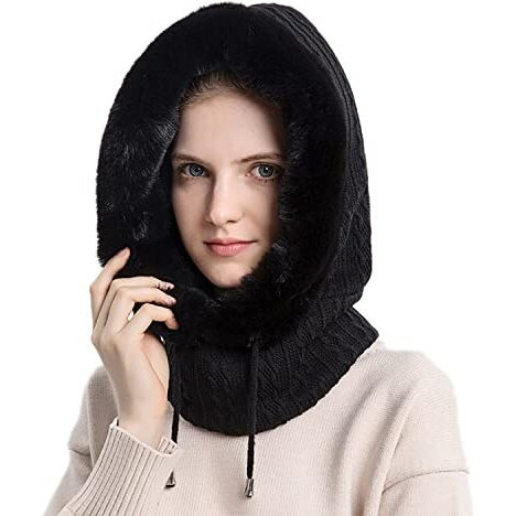 Palay Winter Cap For Women One-Piece Knitted Warm Winter Hat With Neck Warmer Hood Scarf & Mask, Fashion Snow/Wind Proof Soft Fleece Lined Scarf Hat For Outdoor Riding Skiing (Black)