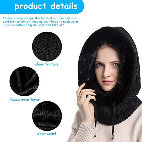 Palay Winter Cap For Women One-Piece Knitted Warm Winter Hat With Neck Warmer Hood Scarf & Mask, Fashion Snow/Wind Proof Soft Fleece Lined Scarf Hat For Outdoor Riding Skiing (Black)